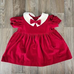Vintage OshKosh Kids Girls Red Velvet Peter Pan Collar Bow Dress Size 12 Months